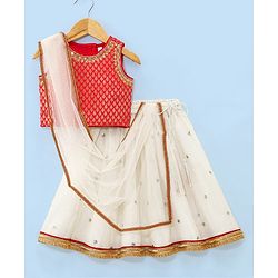 Babyhug Sleeveless Brocade Choli With Chanderi Butti Lehenga And Dupatta Set- Off White & Red