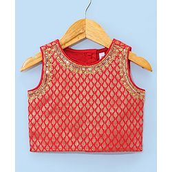 Babyhug Sleeveless Brocade Choli With Chanderi Butti Lehenga And Dupatta Set- Off White & Red