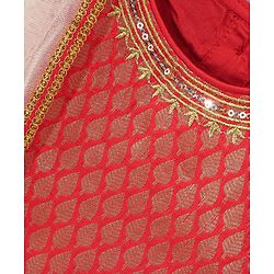 Babyhug Sleeveless Brocade Choli With Chanderi Butti Lehenga And Dupatta Set- Off White & Red