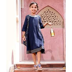 Babyhug Rayon Three Fourth Sleeves Embroidered   Ethnic Dress with Bandhani Print Jacket - Blue