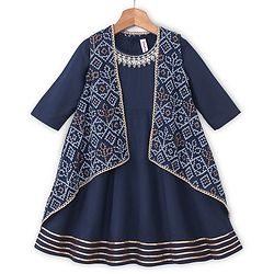 Babyhug Rayon Three Fourth Sleeves Embroidered   Ethnic Dress with Bandhani Print Jacket - Blue