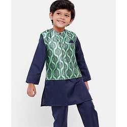 Babyhug Full Sleeves Solid Kurta and Pyjama Set with Printed Motif Print Jacket - Navy
