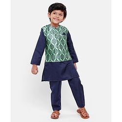 Babyhug Full Sleeves Solid Kurta and Pyjama Set with Printed Motif Print Jacket - Navy