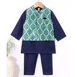 Babyhug Full Sleeves Solid Kurta and Pyjama Set with Printed Motif Print Jacket - Navy