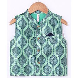 Babyhug Full Sleeves Solid Kurta and Pyjama Set with Printed Motif Print Jacket - Navy