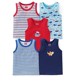 Babyhug 100 % Cotton Antibacterial Sleeveless Striped & Shark Printed Sando Pack of 5 - Red & Blue