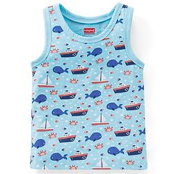 Babyhug 100 % Cotton Antibacterial Sleeveless Striped & Shark Printed Sando Pack of 5 - Red & Blue