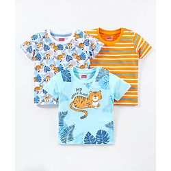 Babyhug Cotton Knit Half Sleeves T-Shirt Tiger Print Pack of 3 - Blue & Orange