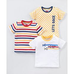 Babyhug Cotton Knit Half Sleeves Checks & Racing Cars Printed T-Shirts Pack of 3 -White & Yellow