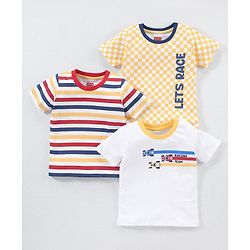 Babyhug Cotton Knit Half Sleeves Checks & Racing Cars Printed T-Shirts Pack of 3 -White & Yellow