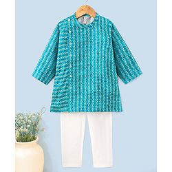 Babyhug Silk Full Sleeves Kurta & Pajama Set Digital Print - Light Blue