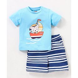 Babyhug Cotton Knit Half Sleeves T-Shirt & Shorts Set Boat Print - Navy Blue