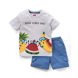 Babyhug Cotton Half Sleeves T-Shirt & Shorts Set Watermelon & Banana Print- White Melange & Blue