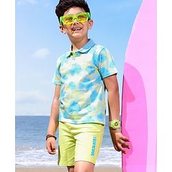 Babyhug 100% Cotton Knit Half Sleeves T-Shirt & Shorts Set Floral Print - Blue & Green