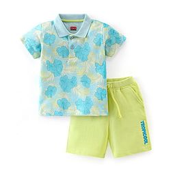 Babyhug 100% Cotton Knit Half Sleeves T-Shirt & Shorts Set Floral Print - Blue & Green