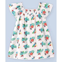 Babyhug Rayon Short Sleeves Floral Print Frock - White