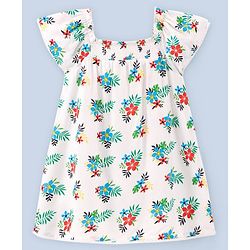 Babyhug Rayon Short Sleeves Floral Print Frock - White