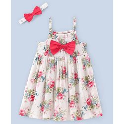 Babyhug Rayon Singlet Frock Floral with Headband - White