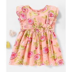 Babyhug Rayon Short Sleeves Fit and Flare Frock Floral Print - Peach