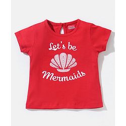 Babyhug 100% Cotton Knit Half Sleeves Top Mermaids Graphics Print - Red