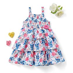 Babyhug Sleeveless Rayon Frock With Flower Applique Floral Print - White & Blue