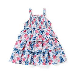 Babyhug Sleeveless Rayon Frock With Flower Applique Floral Print - White & Blue