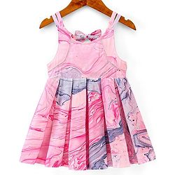 Babyhug Cotton Woven Sleeveless Frock with Bow Applique Marble Print - Pink (Design & Color May Vary)