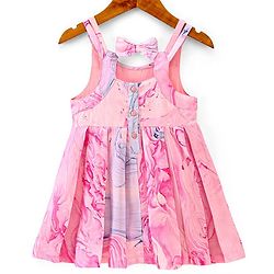 Babyhug Cotton Woven Sleeveless Frock with Bow Applique Marble Print - Pink (Design & Color May Vary)