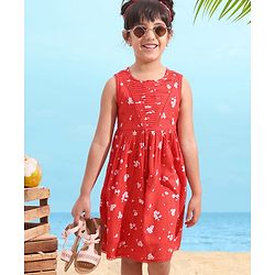 Babyhug Rayon Sleeveless Frock Floral with Headband - Red