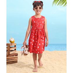 Babyhug Rayon Sleeveless Frock Floral with Headband - Red