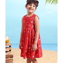 Babyhug Rayon Sleeveless Frock Floral with Headband - Red