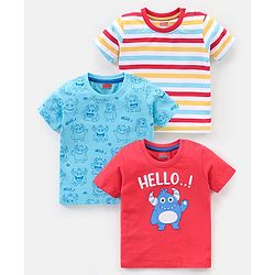 Babyhug Cotton Half Sleeves Striped & Monster Print T-Shirt Pack of 3 - Red & Blue