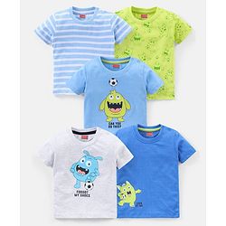 Babyhug Cotton Half Sleeves T-Shirt Striped & Monster Print - Grey Blue & Green