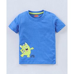 Babyhug Cotton Half Sleeves T-Shirt Striped & Monster Print - Grey Blue & Green