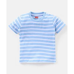 Babyhug Cotton Half Sleeves T-Shirt Striped & Monster Print - Grey Blue & Green
