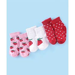 Cute Walk by Babyhug Anti Bacterial Ankle Length Strawberry Print Socks Pack of 3 - Pink White & Red