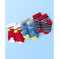 Cutewalk By Babyhug Anti Bacterial Ankle Length Vehicle Print Socks Pack Of 3 - Blue & Red