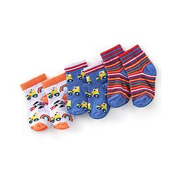 Cutewalk By Babyhug Antibacterial Ankle Length Socks Car & Stripes Design Pack Of 3- Blue & Red
