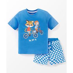 Babyhug 100% Cotton Half Sleeves T-Shirt And Shorts Tiger & Monkey Print - Blue