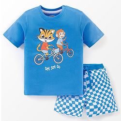 Babyhug 100% Cotton Half Sleeves T-Shirt And Shorts Tiger & Monkey Print - Blue