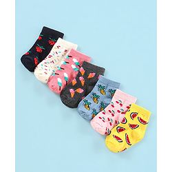 Cutewalk By Babyhug Anti Bacterial Ankle Length Watermelon Design Socks Pack Of 7 - Blue Yellow & Pink