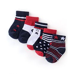 Cute Walk by Babyhug Non Terry Anti Bacterial Ankle Length Socks Stripes & Star Design Pack of 5 - Red Blue & White