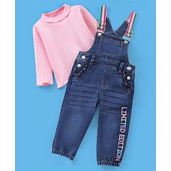 Babyhug 100% Cotton Full Sleeves Solid Colour T-Shirt With Dungaree Text Embroidered - Pink & Indigo
