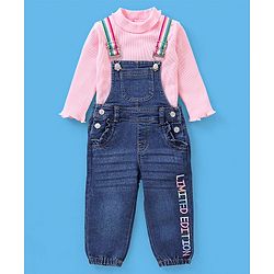 Babyhug 100% Cotton Full Sleeves Solid Colour T-Shirt With Dungaree Text Embroidered - Pink & Indigo