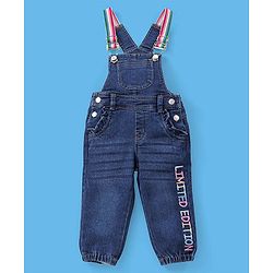 Babyhug 100% Cotton Full Sleeves Solid Colour T-Shirt With Dungaree Text Embroidered - Pink & Indigo