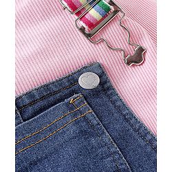 Babyhug 100% Cotton Full Sleeves Solid Colour T-Shirt With Dungaree Text Embroidered - Pink & Indigo
