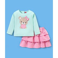 Babyhug 100% Cotton Full Sleeves Top & Skirt Bear Print - Blue & Pink