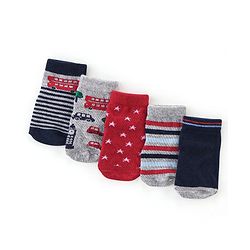 Cutewalk By Babyhug Antibacterial Ankle Length Socks Car & Stripes Design Pack Of 5- Navy Blue Red & Grey