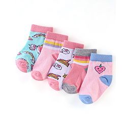 Cute Walk by Babyhug Non Terry Anti Bacterial Ankle Length Socks Unicorn Design Pack of 5 - Pink & White