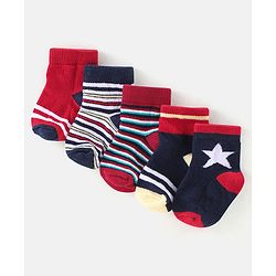 Cutewalk By Babyhug Anti Bacterial Ankle Length Socks Stripes & Star Design Pack Of 5- Navy Blue & Red